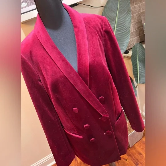 Express Red-Burgundy Velvet Sophisticated Double-Breasted Blazer Large